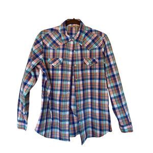 Wrangler Blue Orange Green Plaid Western Shirt Pearl Snap